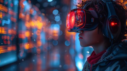 Poster - A person wearing a VR headset experiences an interactive music lesson featuring virtual instruments.