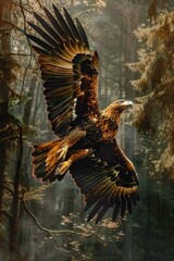 Poster - A large bird soaring through a dense forest filled with tall trees