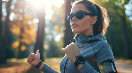 uses a fitness watch trainer to warm up before a run. In the afternoon, interval training. A woman wearing athletic apparel and eyewear. self-assured individual is driven to lead an active lifestyle.