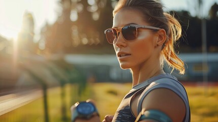 uses a fitness watch trainer to warm up before a run. In the afternoon, interval training. A woman wearing athletic apparel and eyewear. self-assured individual is driven to lead an active lifestyle.