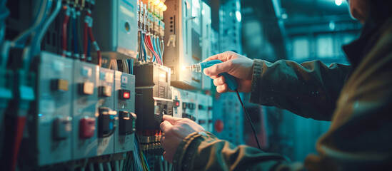 Wall Mural - Electricity and electrical maintenance service, Engineer hand voltmeter checking electric current voltage at circuit breaker terminal