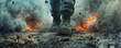 © cac_tus - Soldier boots on battlefield with explosions and smoke, intense combat scene. Military action and conflict concept