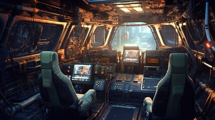 futuristic spaceship cockpit interior with a view of space station and stars. a large spaceship wind