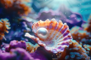 Poster - A close-up view of a shell containing a pearl