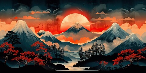 Wall Mural - this is a modernized japanese background with oriental it has a geometric icon with ornaments depicting abstract landscapes with vintage influences