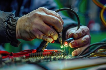 Aufkleber - A close-up shot of someone working on a circuit board, likely in an electronics manufacturing or repair setting