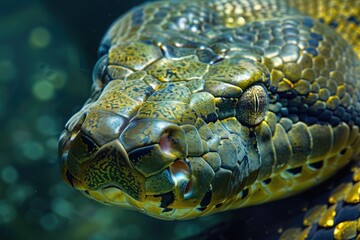 Poster - A close-up shot of a green snake's head, with intricate details and textures