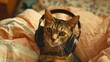 © Fotograf - A cat relaxing on a bed with headphones on, great for leisure and entertainment themes