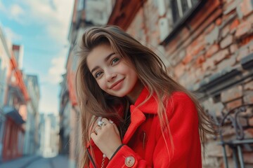 Wall Mural - A woman poses for a photo wearing a bright red coat, looking confident and stylish