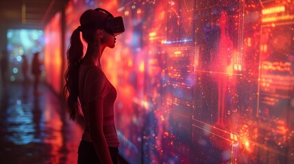 Poster - A woman in a VR headset experiences a holographic drama class with virtual stage sets.