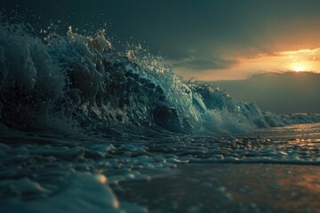 Poster - Large wave crashes on the shore at sunset with orange and pink hues