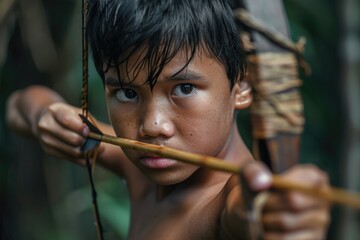 Wall Mural - Young boy holding a bow and arrow, perfect for outdoor or adventure-themed projects