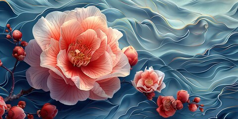 a camellia flower with a japanese wave pattern modern a background in an asian style floral design