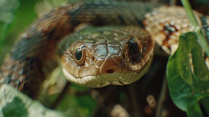 Poster - A close-up view of a snake's head and body in the grass, suitable for uses such as wildlife photography or educational materials