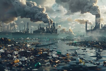 Poster - A large body of water filled with trash and debris