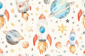 Poster - Watercolor illustration of space-themed elements including planets and stars, ideal for use in educational materials or as a decorative piece