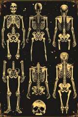 Wall Mural - A collection of skeleton illustrations on a dark or black background, useful for various designs and compositions