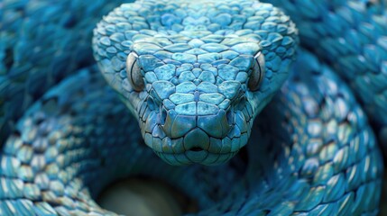 Poster - A detailed view of a blue snake's head, suitable for use in science, nature or wildlife contexts
