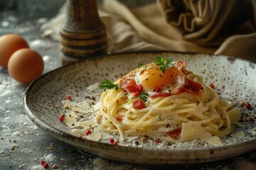 Poster - A plate of pasta and eggs on a table, suitable for food related uses