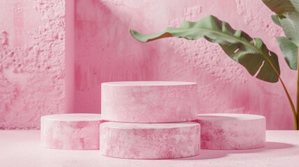 Aufkleber - Pink concrete blocks with a plant growing out of the cracks, great for interior design or architecture images