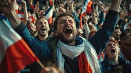 Wall Mural - A crowd of people holding flags and shouting at an outdoor protest rally