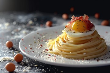 Poster - A plate of spaghetti with an egg on top, simple yet satisfying meal