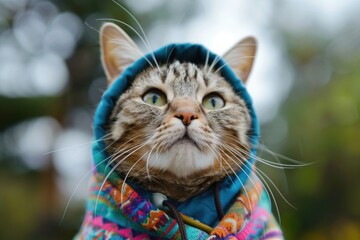 Poster - A domestic cat wearing a vibrant hoodie looks upwards, possibly waiting for attention or observing its surroundings