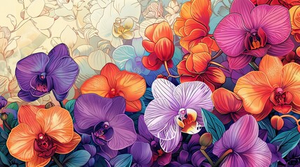 Wall Mural - A colorful painting of a flower garden with many different colored flowers