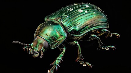 Sticker - A close-up image of a green beetle perched on a black surface