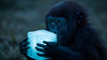 Canvas Print - A gorilla holding a block of ice in its mouth, AI