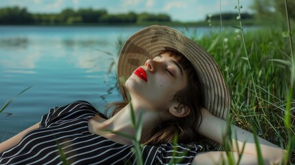 Poster - A woman lying in the grass with her eyes closed, enjoying the serenity of nature