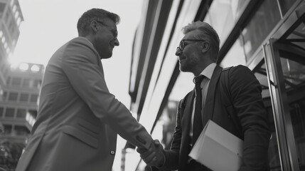 Poster - Two men exchanging greetings in front of a building
