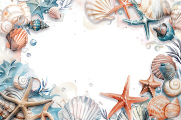 Wall Mural - Marine frame with starfish, seashells and coral in various colors