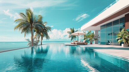 Poster - A blue swimming pool surrounded by lush green palm trees, perfect for relaxation and recreation