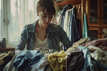 Poster - A woman standing next to a pile of clothes, possibly doing laundry or organizing her wardrobe