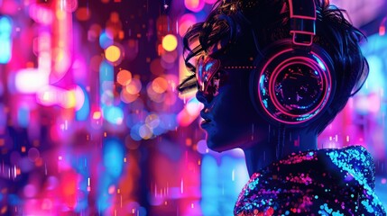 Aufkleber - A person wearing headphones sits in front of colorful lights, enjoying their favorite tunes