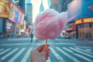 Canvas Print - A person holding a pink cotton candy on a stick, sweet treat for a fair or carnival