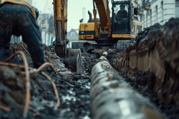Poster - A man is standing next to a large pipe, providing maintenance or inspection