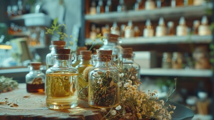 Poster - A wooden table top covered with various types of flowers in glass bottles