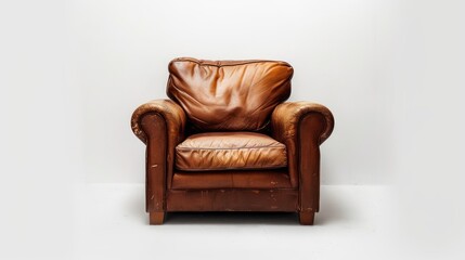 Poster - Single Brown Leather Chair against White Background