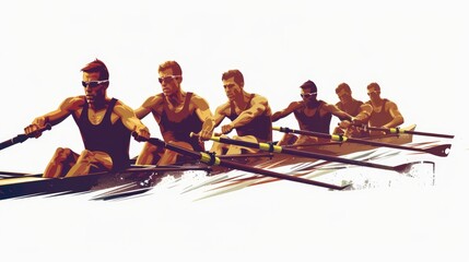 Poster - Group of men paddling through calm waters, suitable for use in editorial or commercial contexts
