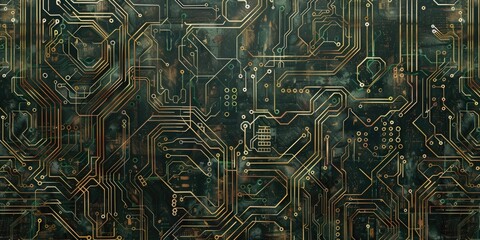 Wall Mural - High-angle view of a computer circuit board with various components and wires