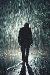 Wall Mural - A person wearing a suit walks through rainy streets, suitable for business or professional use