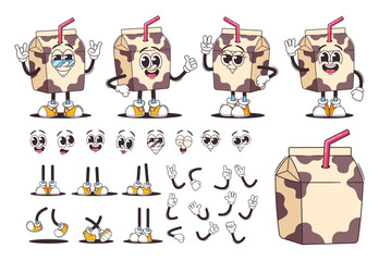 Wall Mural - Retro Cartoon Dairy Product Construction Set For Creating Characters. Cute Milk Carton Box Varied Expressions, Eyes