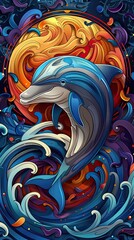 Wall Mural - A colorful painting of a dolphin with a blue tail and a blue fin