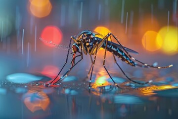 Wall Mural - A close-up of a mosquito standing in the rain, with water droplets on its body