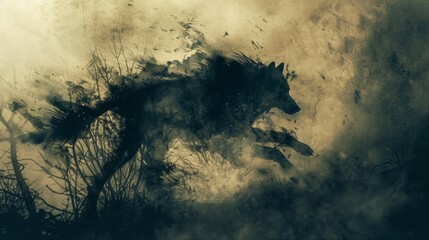 Poster - A silhouette of a wolf running through the woods in front of trees, AI