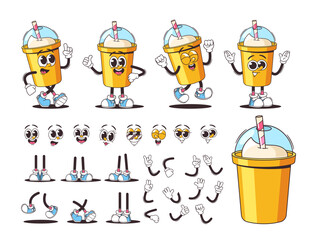 Wall Mural - Retro-style Cartoon Set With Animated Dairy Product Character. Plastic Milkshake Cup With Various Emotions, Legs, Arms
