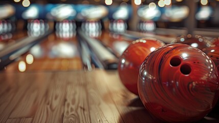 Poster - A modern bowling alley with multiple bowling lanes and colorful bowling balls