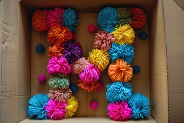 Aufkleber - A box filled with lots of colorful pom poms, perfect for parties or decorations